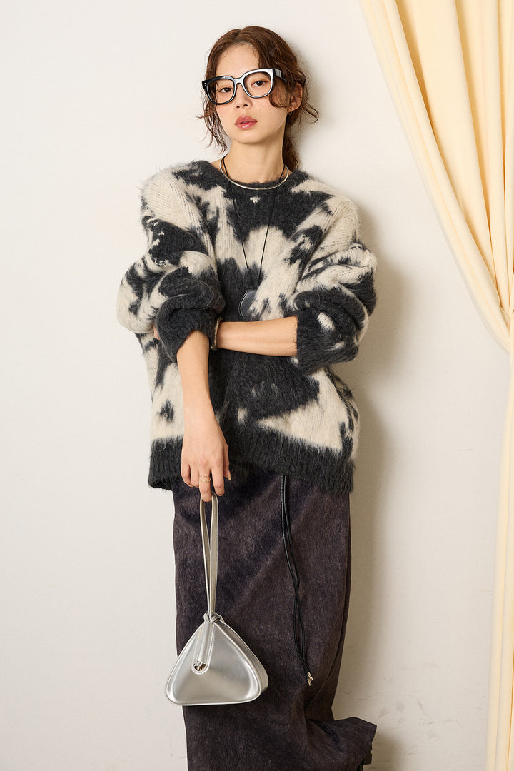 [SET]モヘアタッチマーブルニット+ロープベルト付きスウェード調スカート(2set)