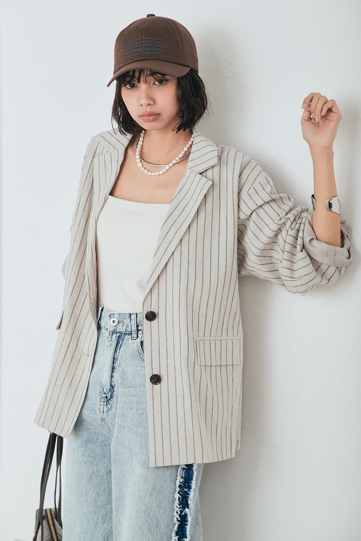 [SET]リネンライクストライプテーラードジャケット+デニムサイドフリルパンツ(2set)