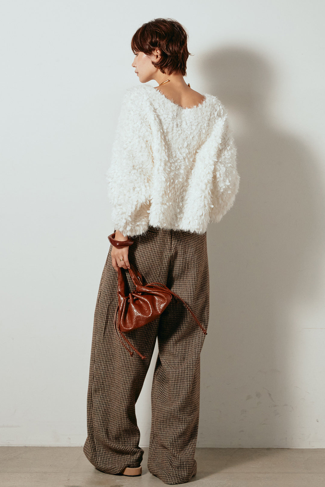 [SET]深Vネックチョウチョヤーンニットトップス+ガンクラブチェックタックパンツ(2set)