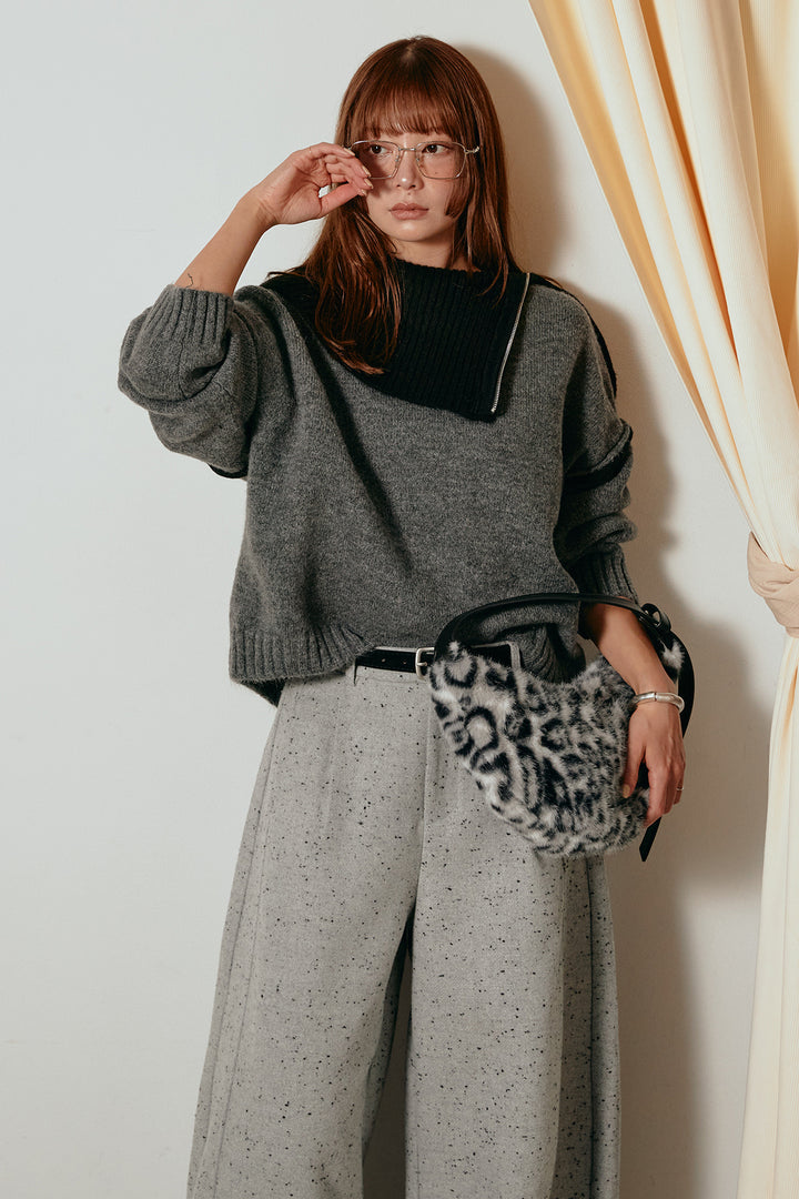 [SET]ハイネックジップデザインニットトップス+ベルト付きネップツイードカーブパンツ(2set)