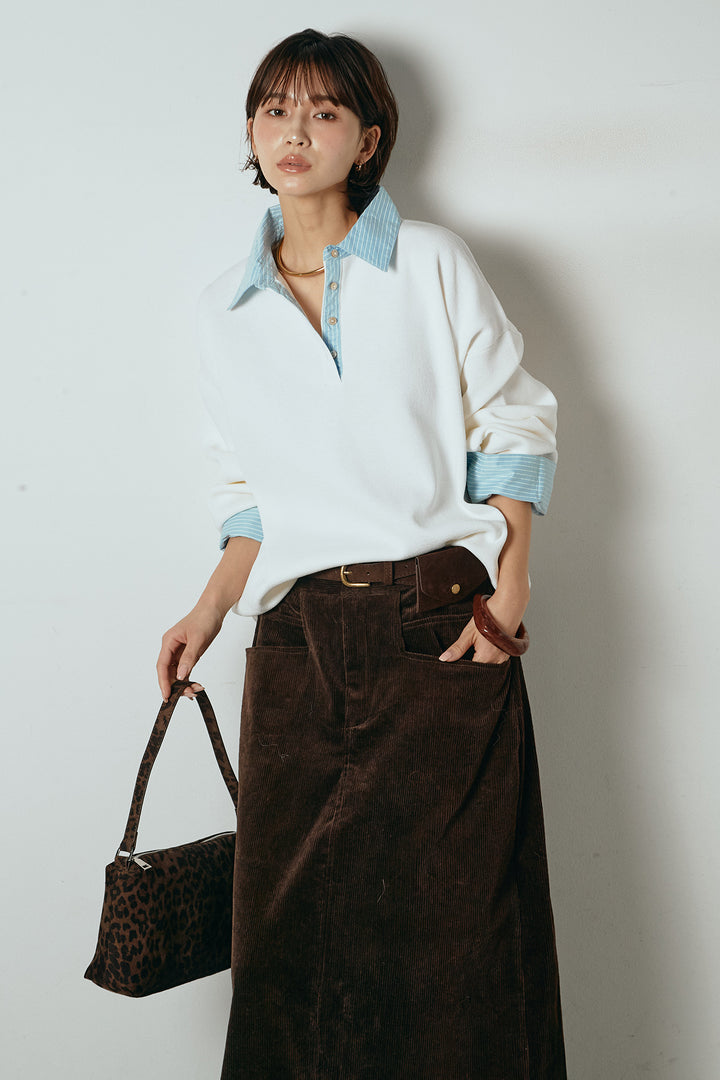 [SET]ストライプシャツドッキングポロトップス+ポーチベルト付きコーデュロイワイドスカート(2set)