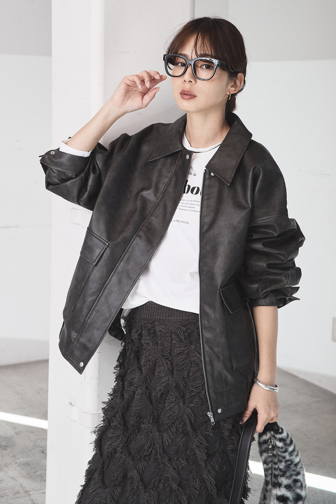 [SET]レザーライクオーバーサイズブルゾン+カットフリンジニットタイトスカート(2set)