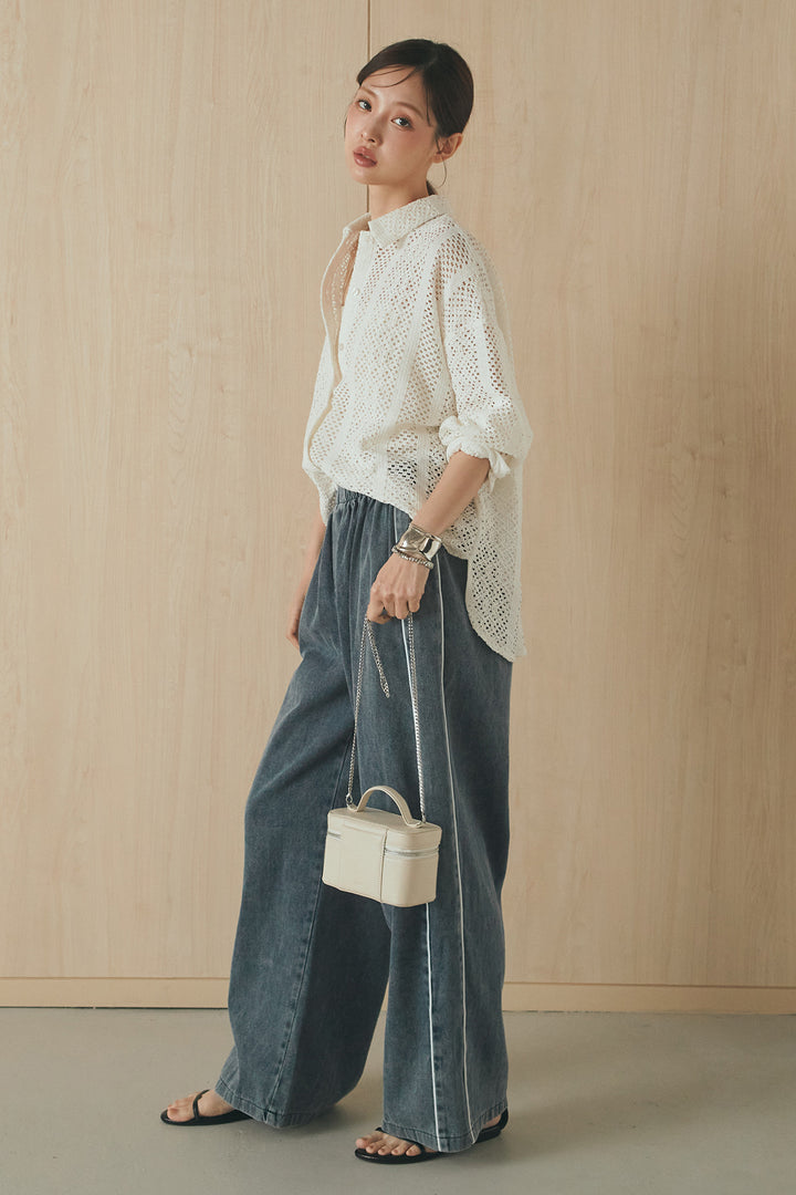 [SET]長袖襟付きレースシャツ+ドロストサイドラインデニムパンツ(2set)
