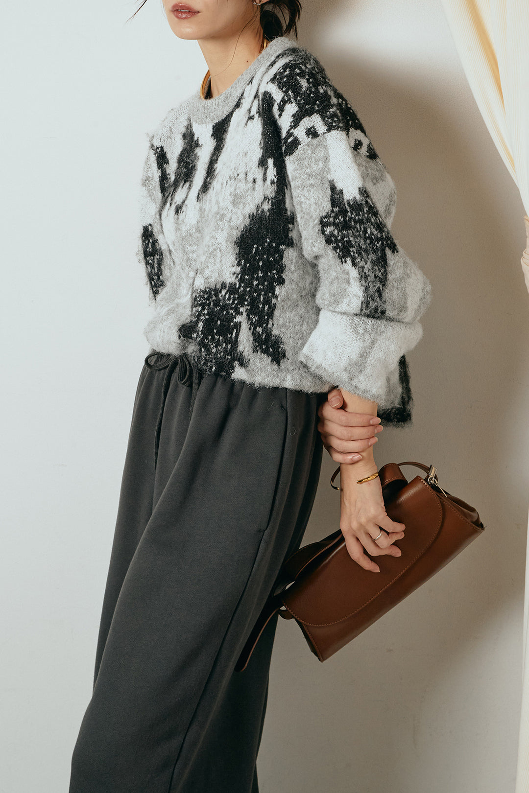 [SET]起毛ニュアンス柄ニットプルオーバー+裏起毛スウェットワイドパンツ(2set)