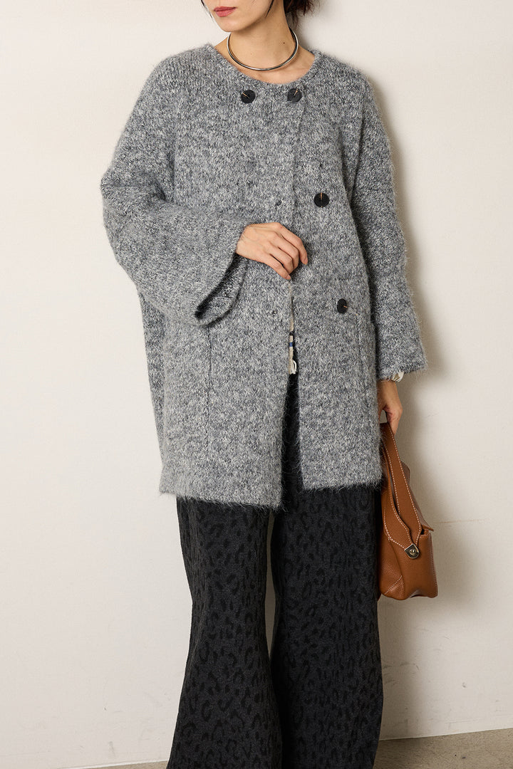 [SET]アシンメトリーボタンニットカーディガン+レオパードジャガードニットパンツ(2set)