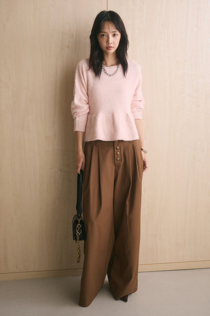 [SET]モヘアぺプラムクルーネックプルオーバー+ファイブボタンツータックワイドパンツ(2set)