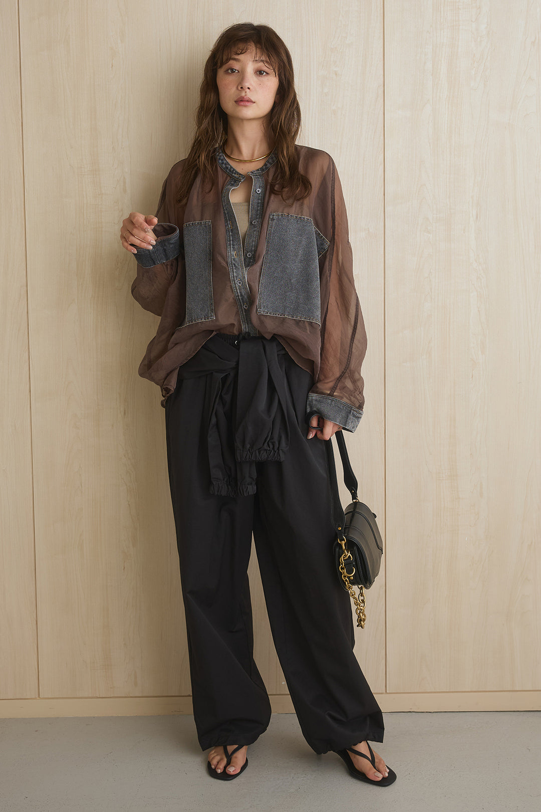 [SET]デニム切替シアードルマンシャツ+合繊維ツイルウエスト巻きジョガーパンツ(2set)