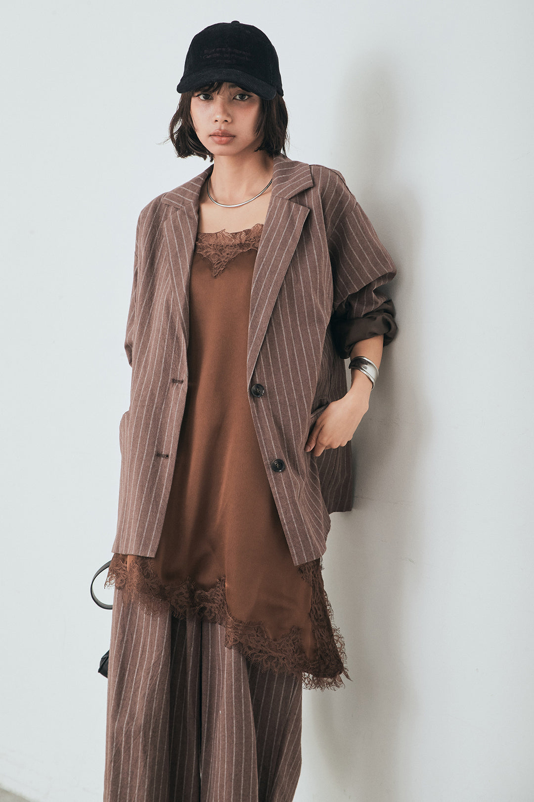 [SET]リネンライクストライプテーラードジャケット+リネンライクストライプタックイージーパンツ(2set)