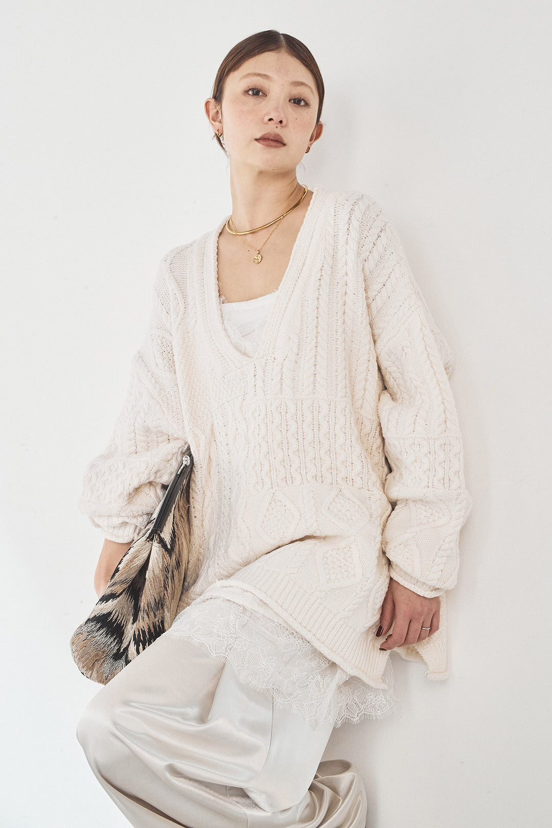 [SET]ケーブルVニットセーター+サテンタックワイドパンツ(2set)