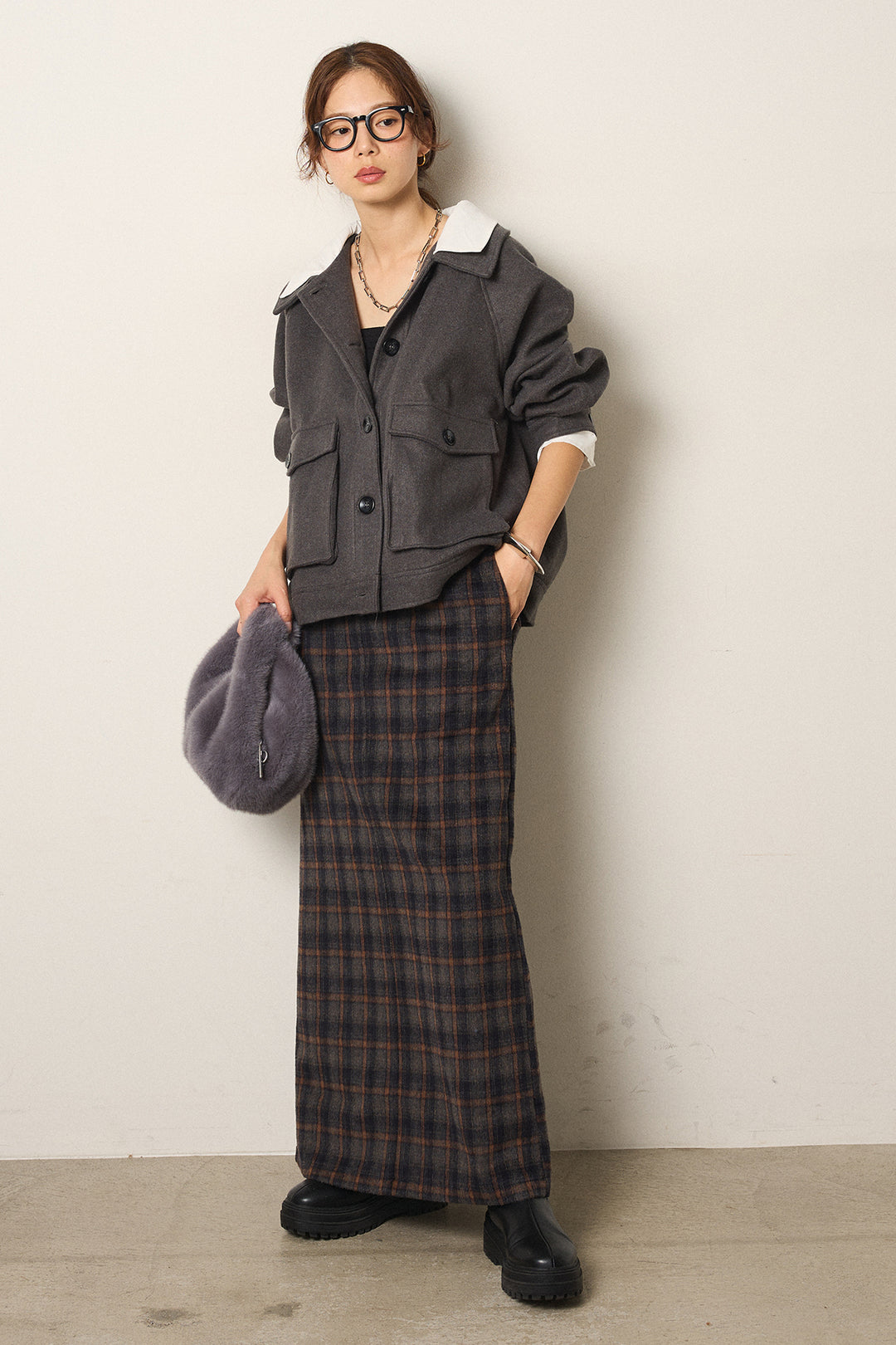 [SET]衿レイヤードフェイクウールジャケット+シャギーチェックストレートスカート(2set)