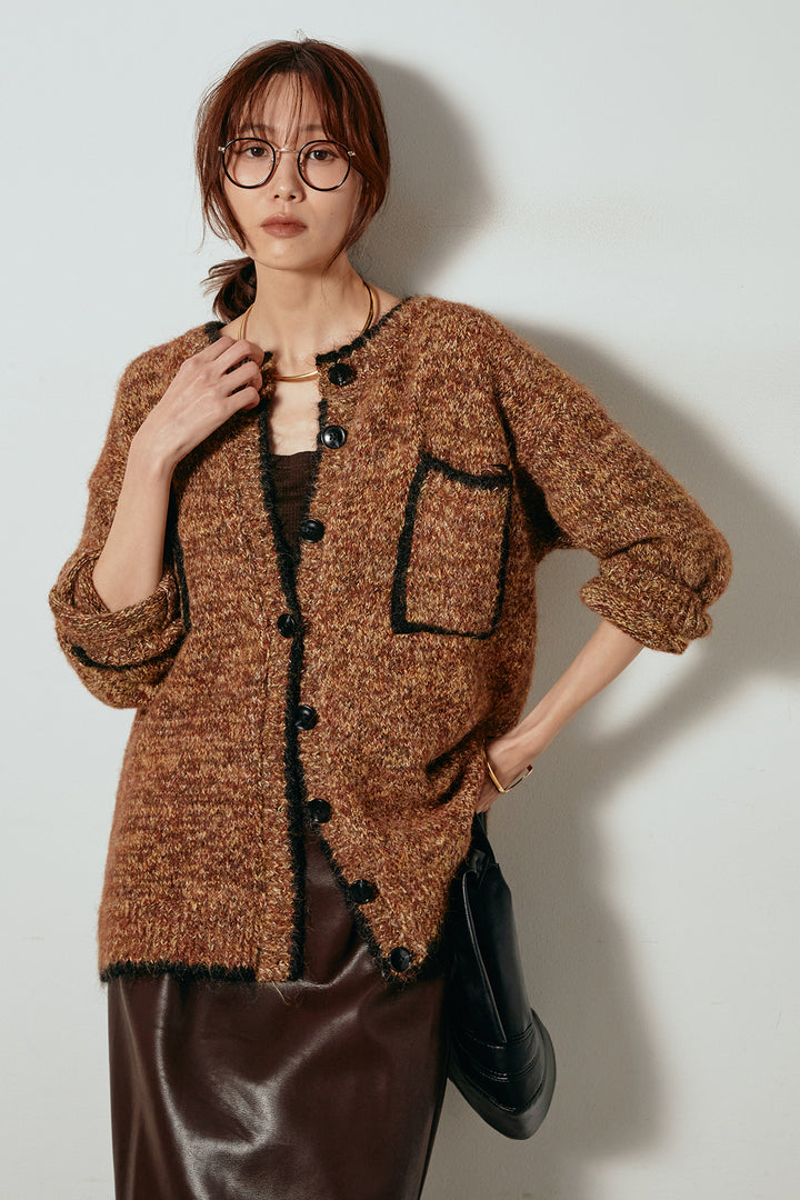 [SET]ミックスニットポケットカーディガン+紐付きフェイクレザーワイドスカート(2set)