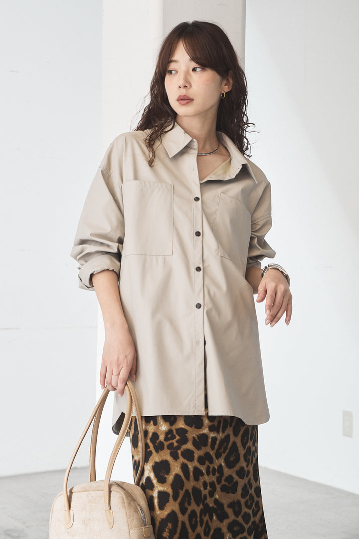 [SET]ウォッシャブルエコレザービックカフスシャツ+レオパードサテンナロースカート(2set)
