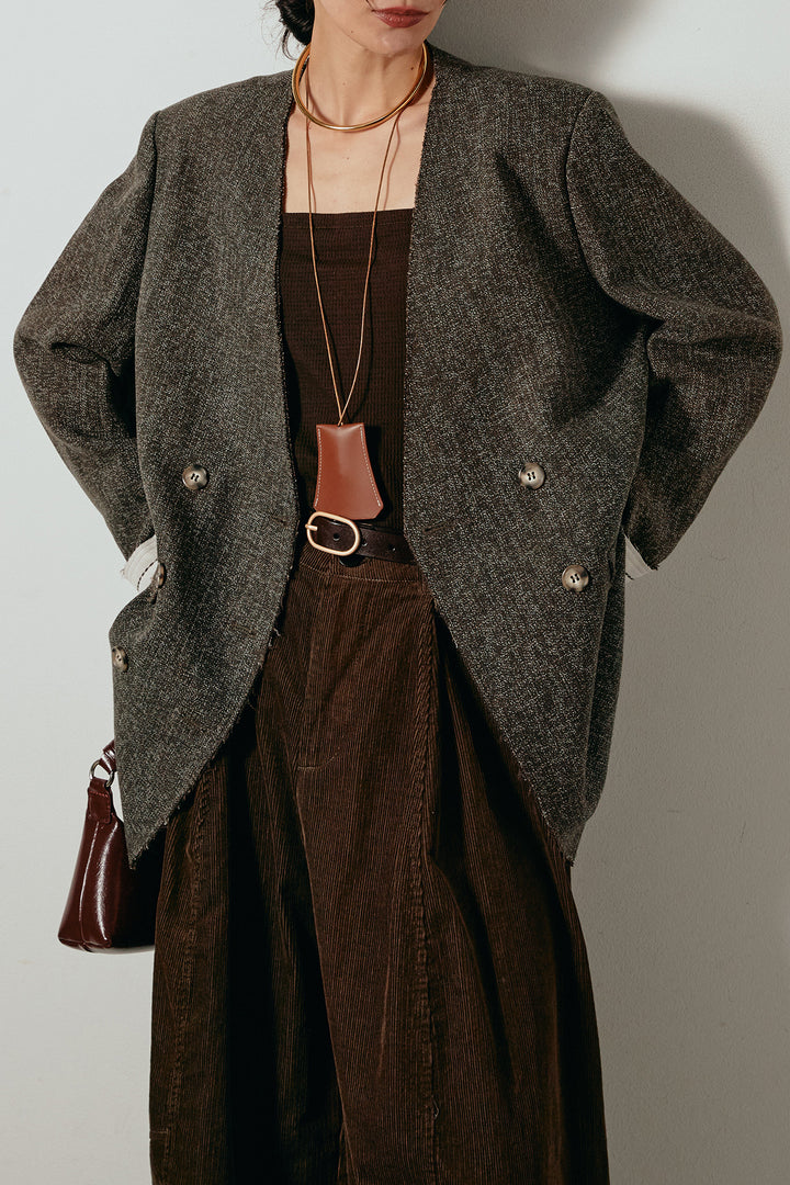 [SET]ノーカラーダブルボタンツイードジャケット+タック入りコーデュロイワイドパンツ(2set)