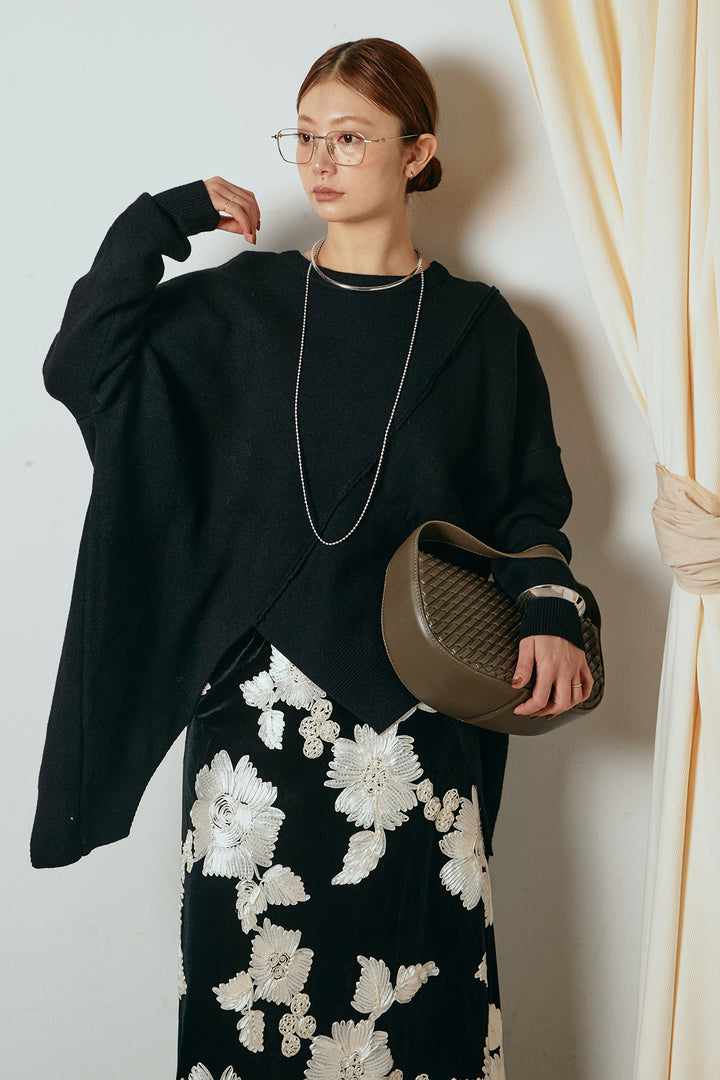 [SET]アシンメトリーデザインニットトップス+フラワー刺繍ワイドスカート(2set)