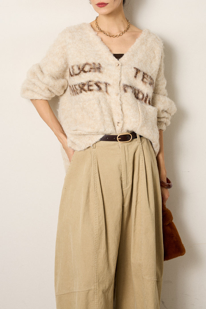 [SET]ウール混透かしロゴニットカーディガン+タック入りコーデュロイワイドパンツ(2set)