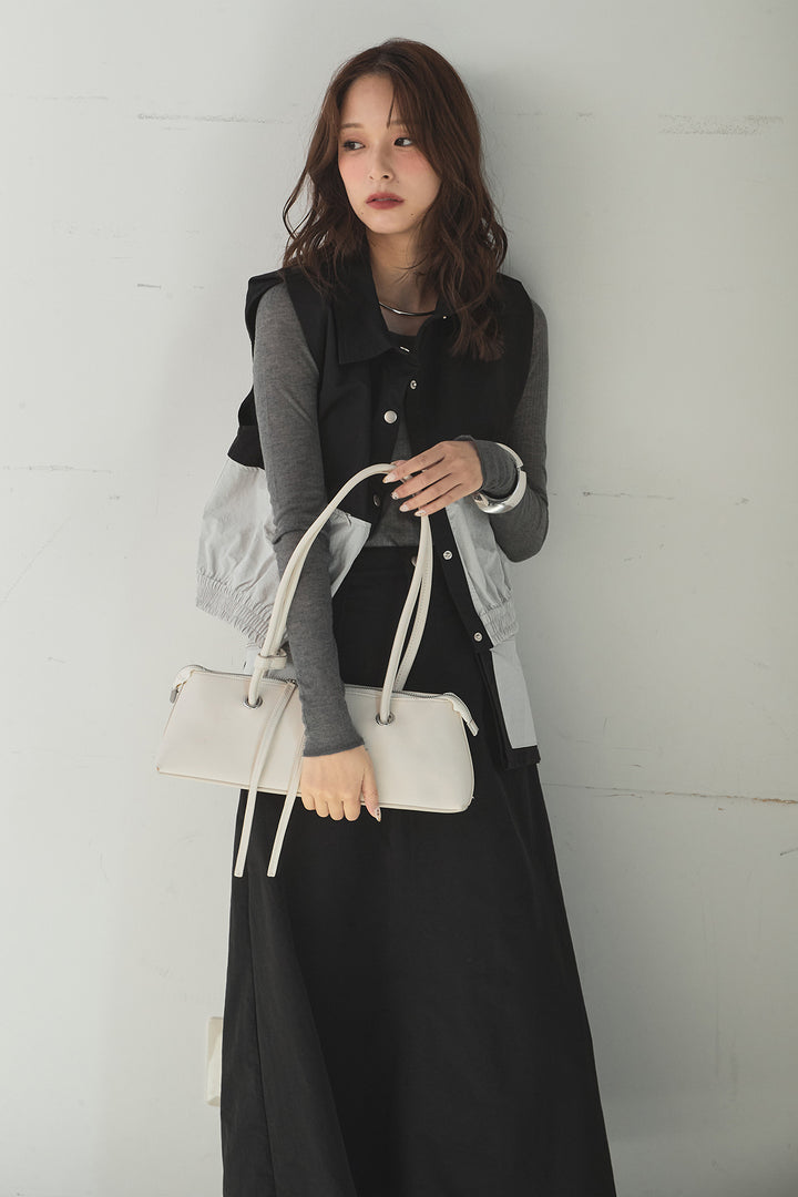 [SET]襟付きナイロンベスト+サイドデザインナイロンスカート+リブシアークルーネック長袖トップス(3set)