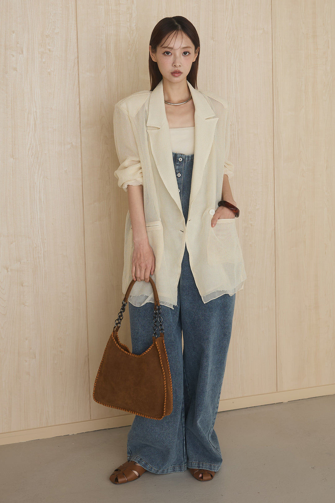 [SET]メッシュテーラードワイドジャケット+フロントボタンデニムサロペット(2set)