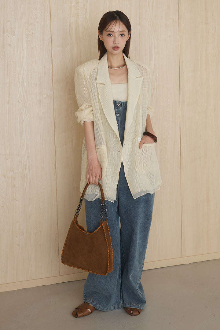 [SET]メッシュテーラードワイドジャケット+フロントボタンデニムサロペット(2set)