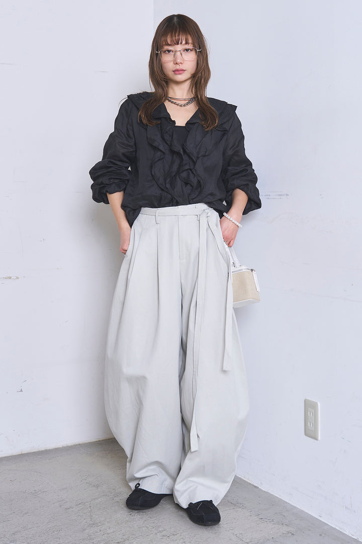[SET]フリルボタンブラウス+紐ベルト付きカーブワイドパンツ(2set)