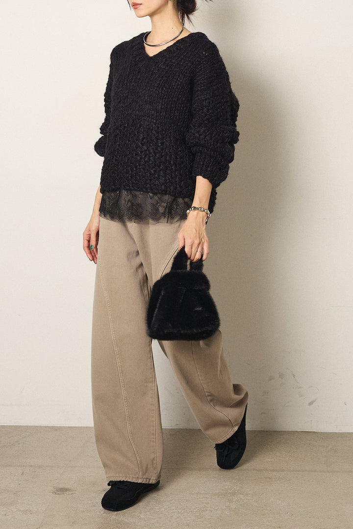 [SET]Vネックハンド編みニットトップス+ベルト付きカジュアルカーブワイドパンツ+レース切り替えキャミソール(3set)