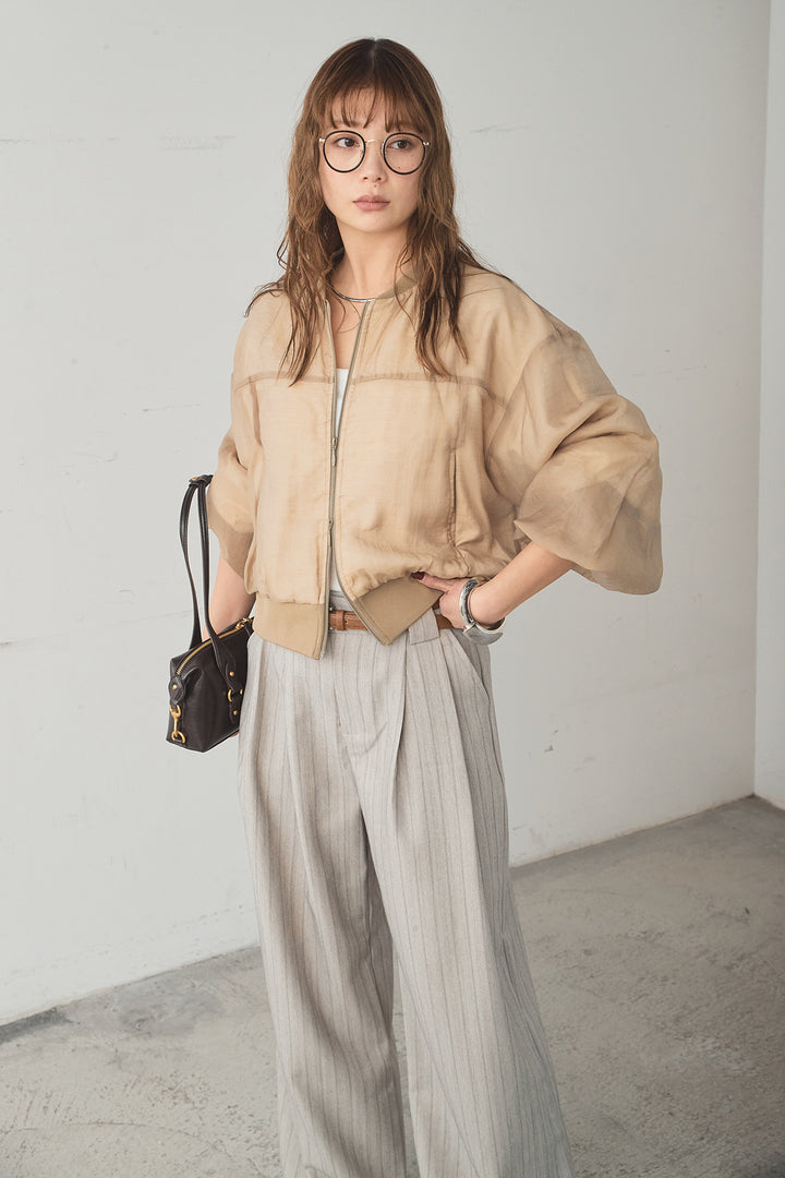 [SET]シアー×ポンチブルゾン+細ベルト付きピンストライプワイドパンツ(2set)