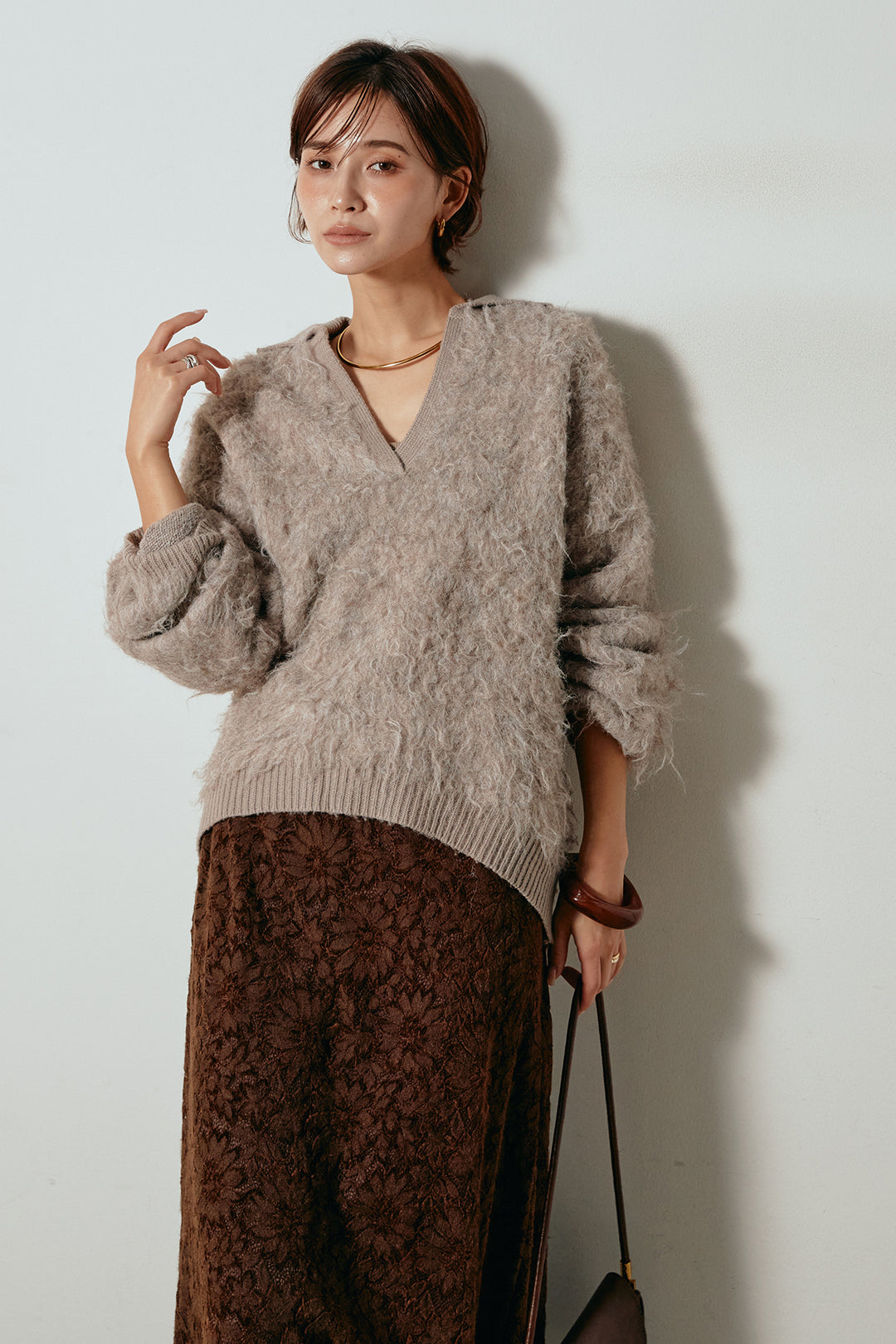 [SET]襟付きシャギーニットポロトップス+花柄刺繍ベロアフレアスカート(2set)