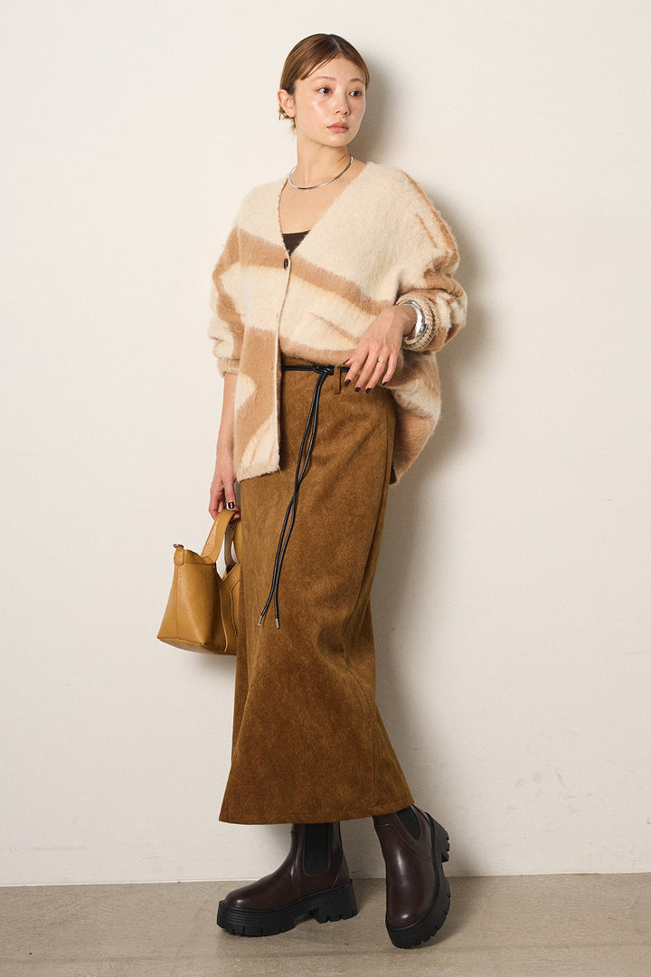 [SET]アクセントブラッシュドカーディガン+ロープベルト付きスウェード調スカート(2set)