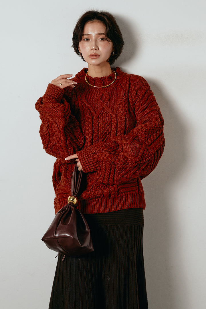 [SET]アラン柄ミックスケーブルニット+編み地切り替えフレアニットスカート(2set)