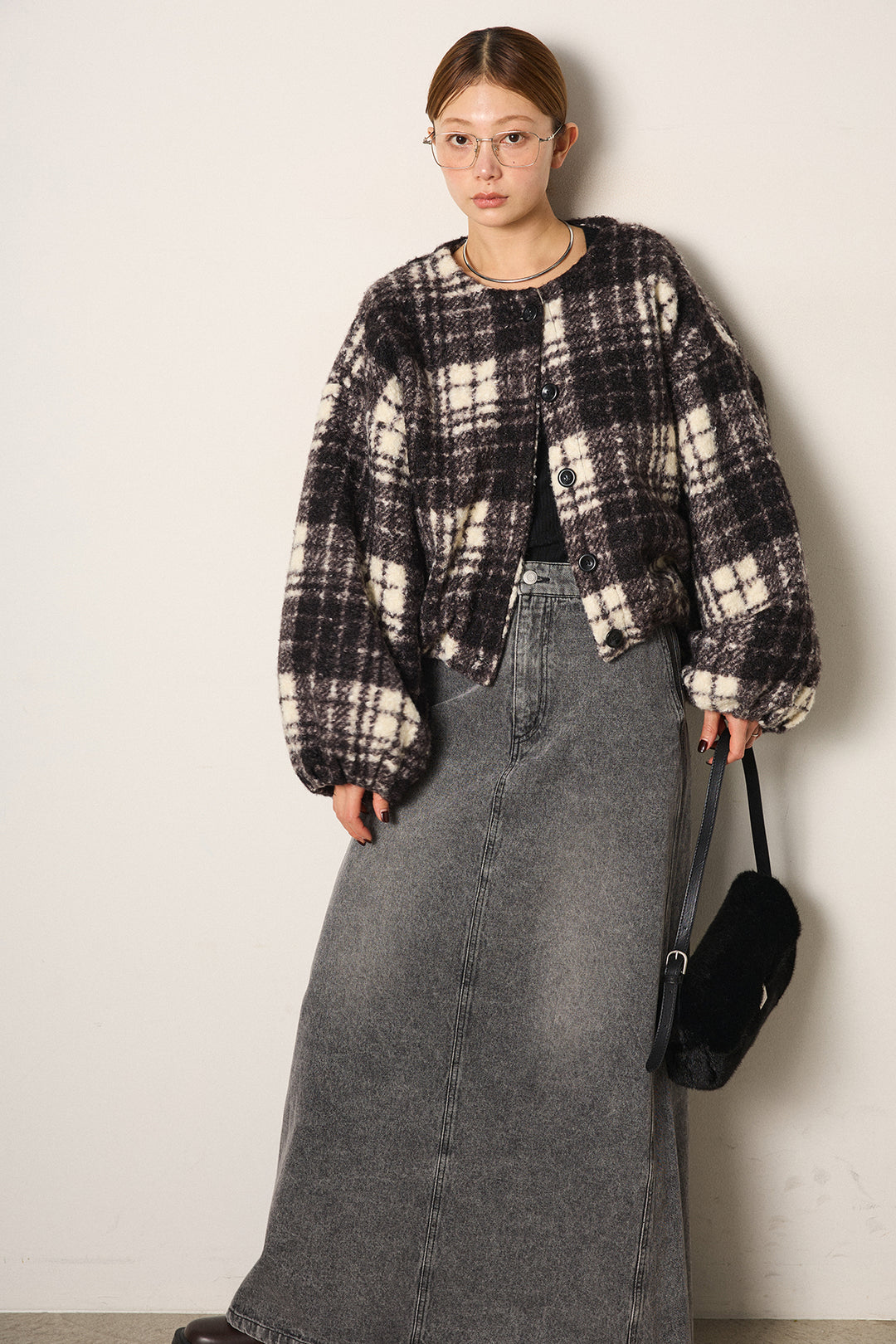 [SET]ノーカラーチェック柄ボアブルゾン+デニムロングフレアスカート(2set)