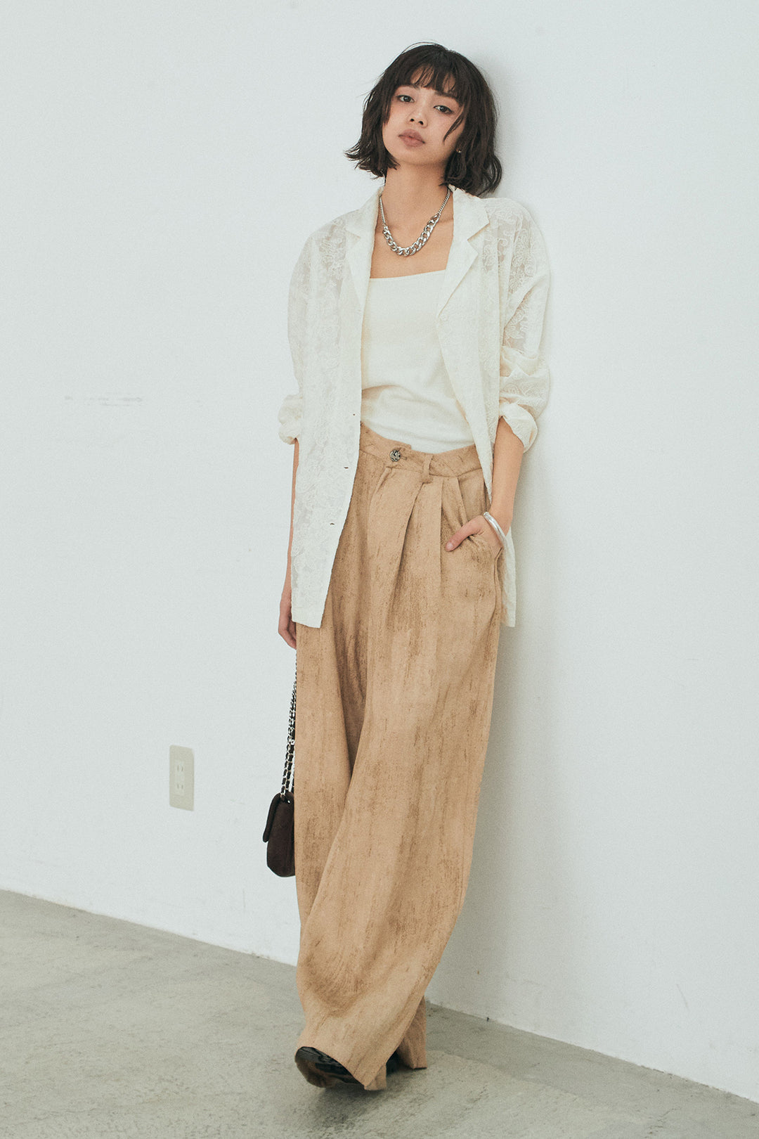 [SET]刺繍シアーオープンカラーシャツ+リネン混かすれ柄ワイドパンツ(2set)