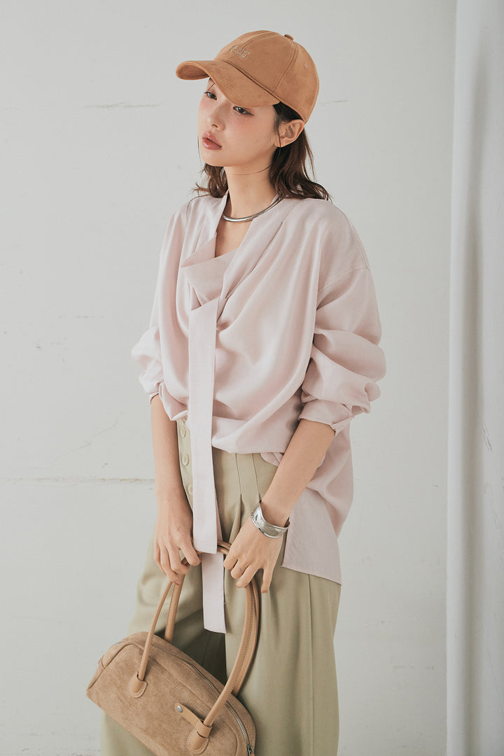 [SET]ニュアンスボータイブラウス+斜めボタンタック入りスラックス(2set)