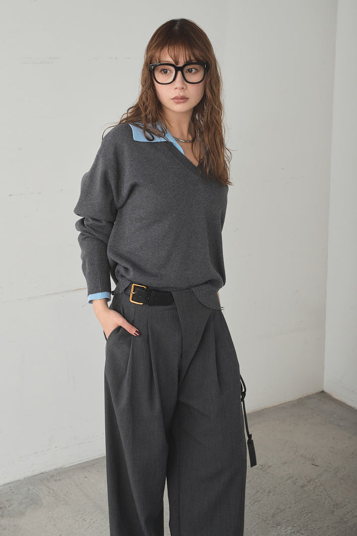 [SET]バイカラーニットレイヤード風プルオーバー+サイドベルトタック入りスラックス(2set)