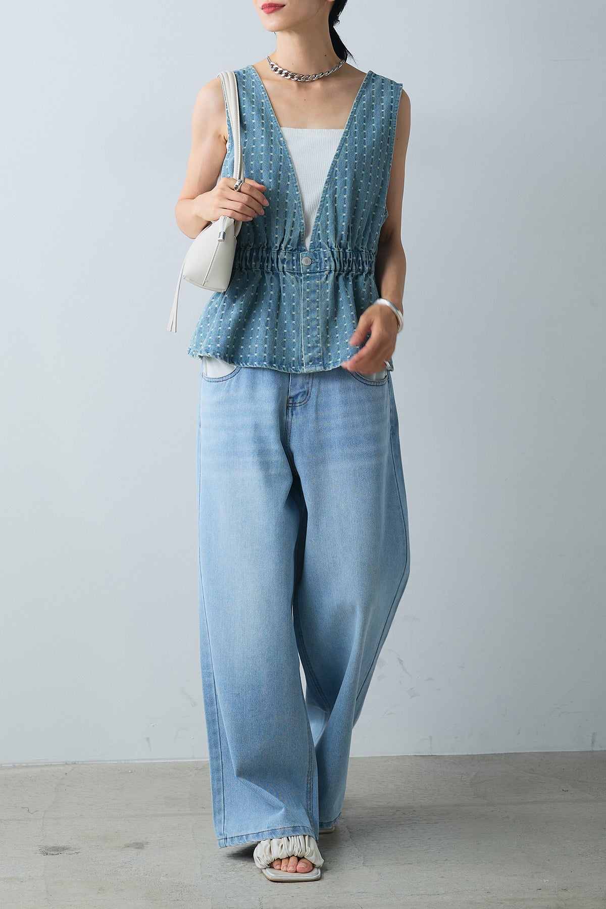 SET]ジャガードデニム2wayビスチェ+デニムルーズポケットパンツ