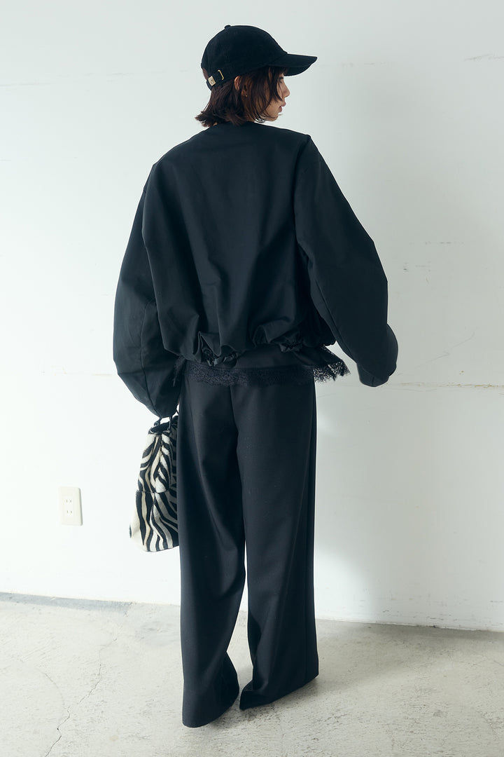 [SET]ノーカラーフロントギャザージップアウター+斜めボタンタック入りスラックス+ブロード切り替えぺプラムタンク(3set)