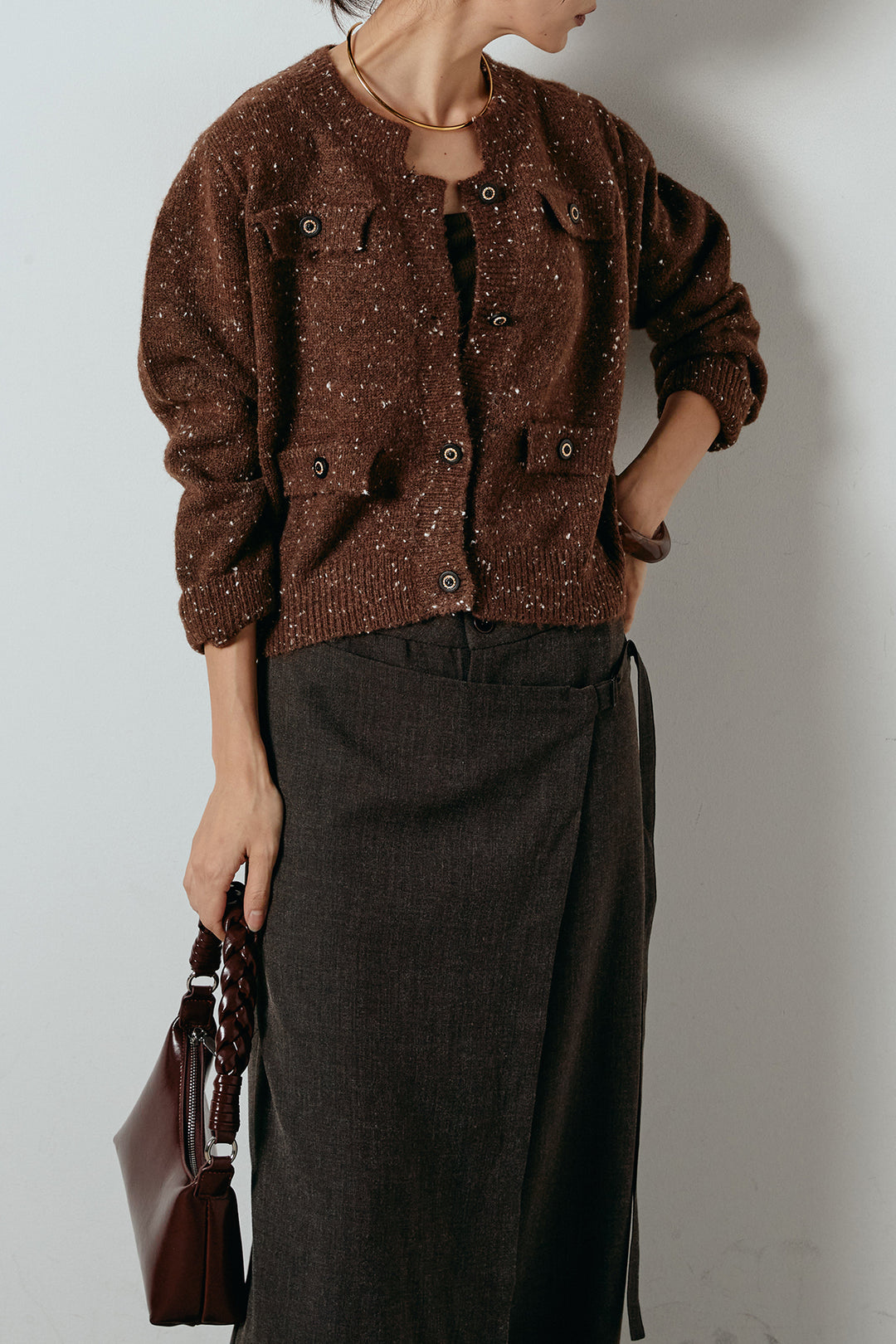 [SET]ネップニットカーディガン+ラップ巻きワイドスラックス(2set)