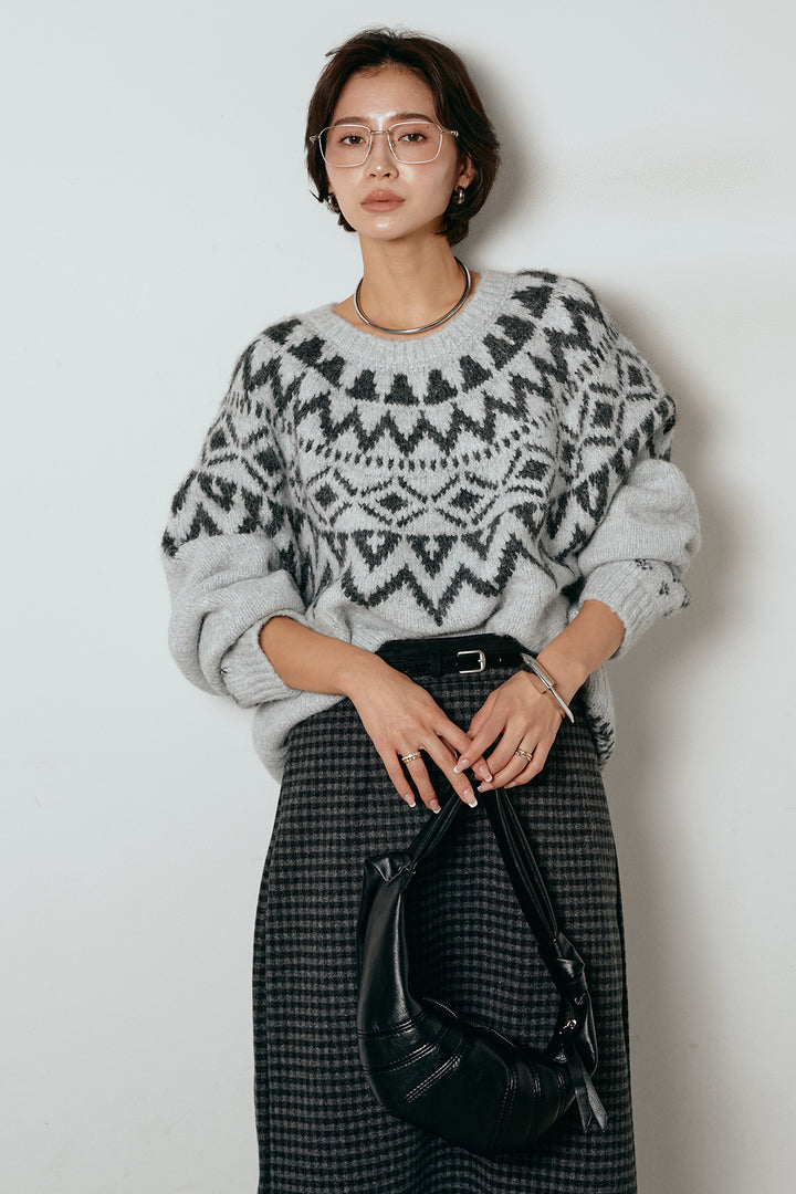 [SET]ノルディック柄Uネックプルオーバー+スエード調ベルト付きチェックナロースカート(2set)