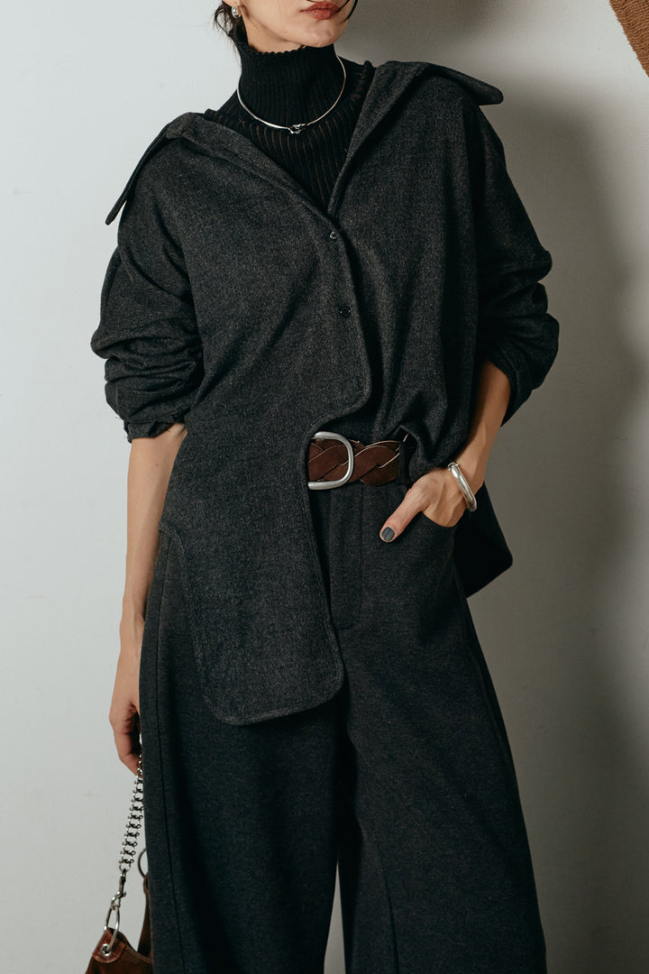 [SET]裾アシンメトリーデザインシャツ+編みベルト付きワイドパンツ+リブニットシームレスタートルプルオーバー(3set)