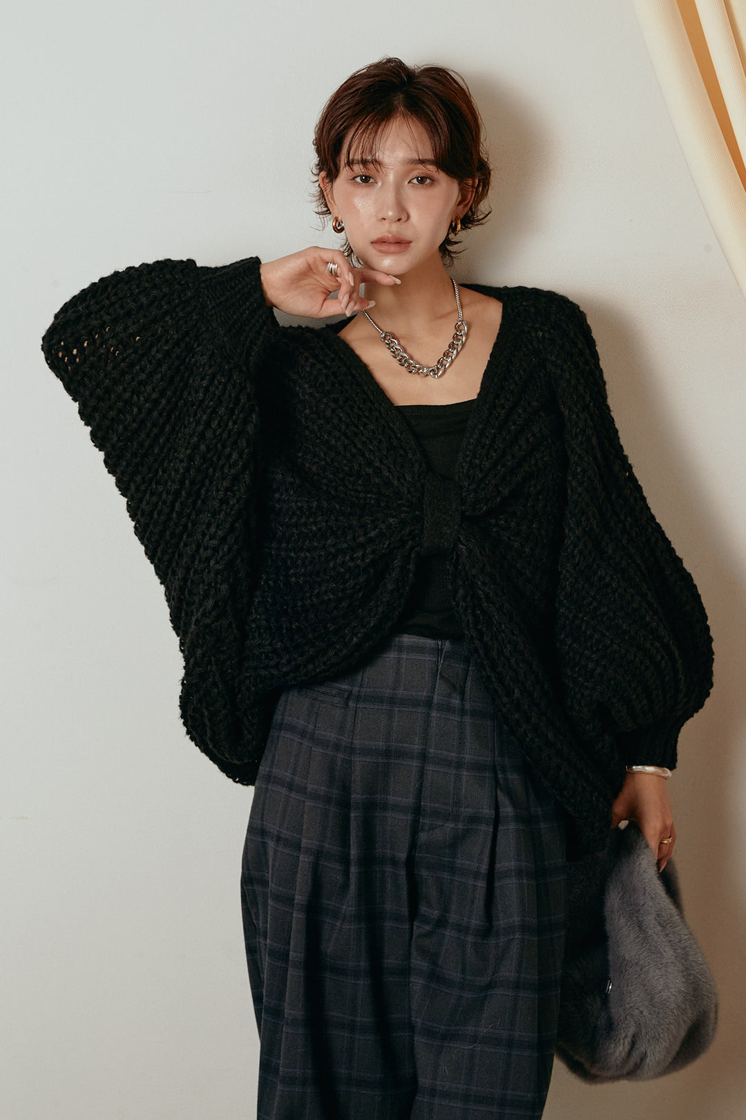 [SET]フロントツイストニット編みトップス+タータンチェック柄くすみワイドパンツ(2set)