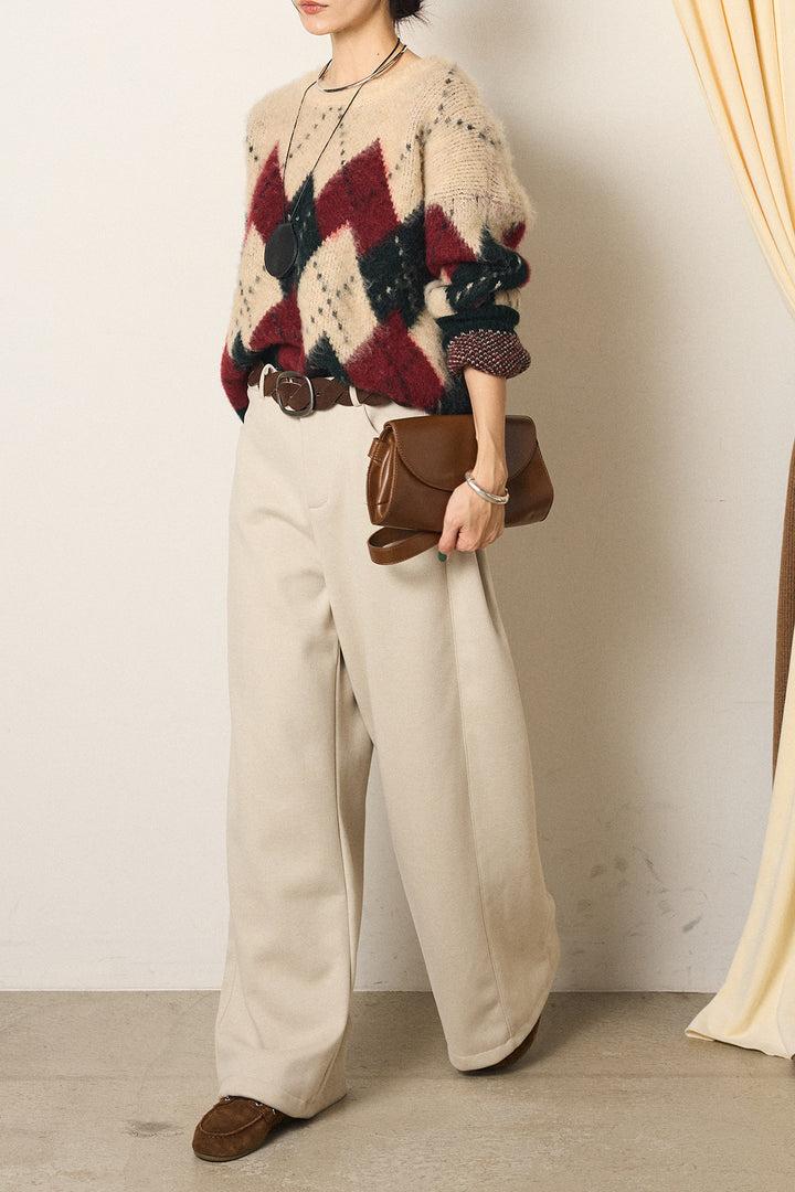 [SET]配色アーガイル柄ニットトップス+編みベルト付きワイドパンツ(2set)
