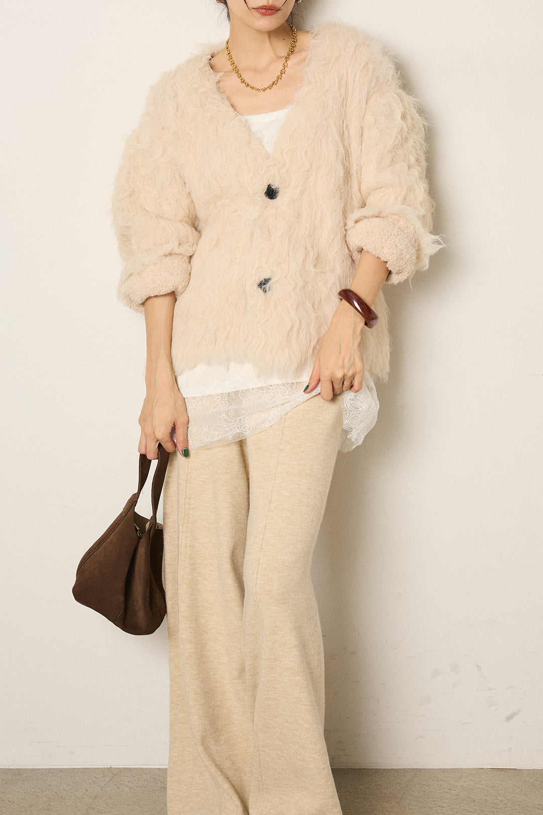 [SET]起毛シャギーニットカーディガン+センターラインニットパンツ+レース切り替えキャミソール(3set)