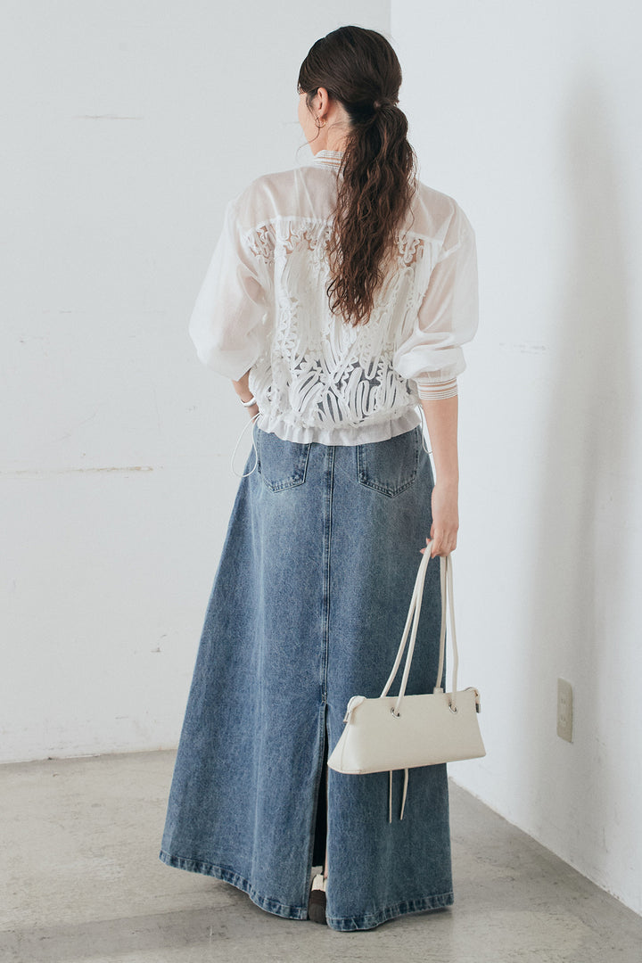 [SET]モチーフ付きシアーブルゾン+デニムロングフレアスカート(2set)