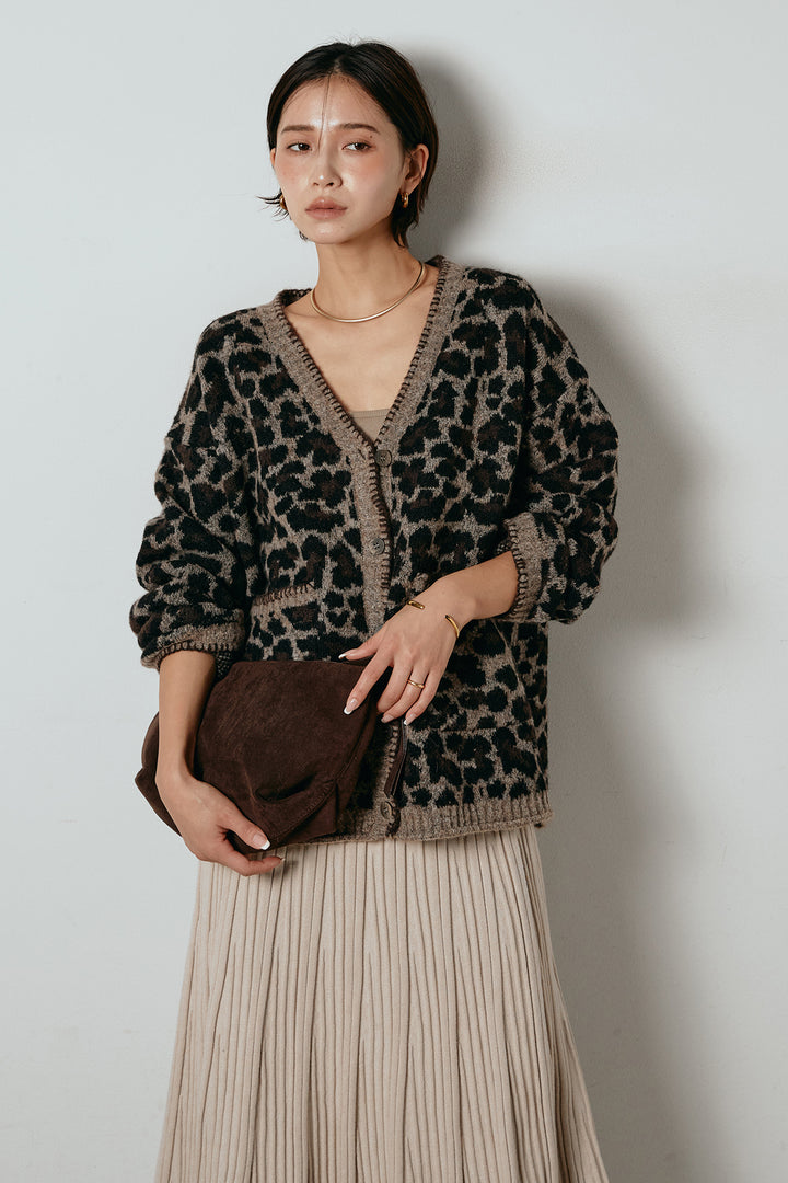 [SET]ステッチデザインレオパードニットカーディガン+リブニットフレアスカート(2set)