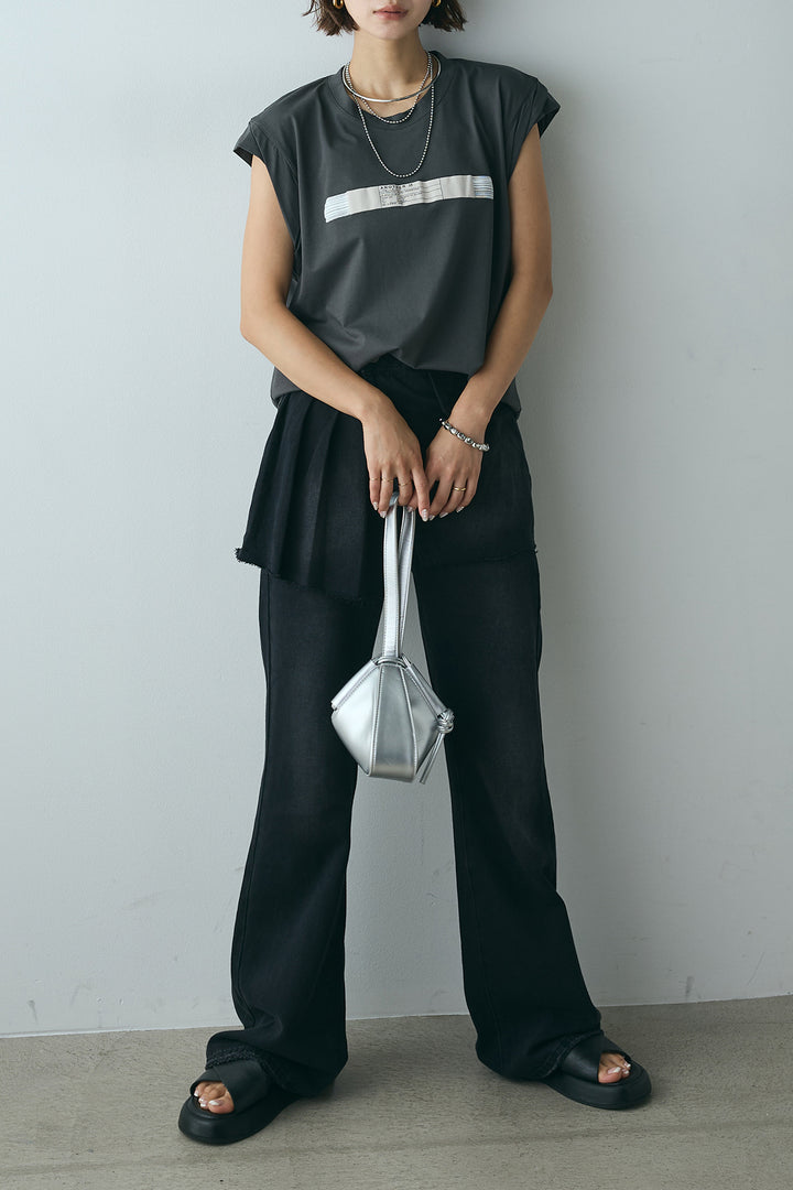 [SET]英字デザインノースリーブTシャツ+レイヤードデニムパンツ(2set)