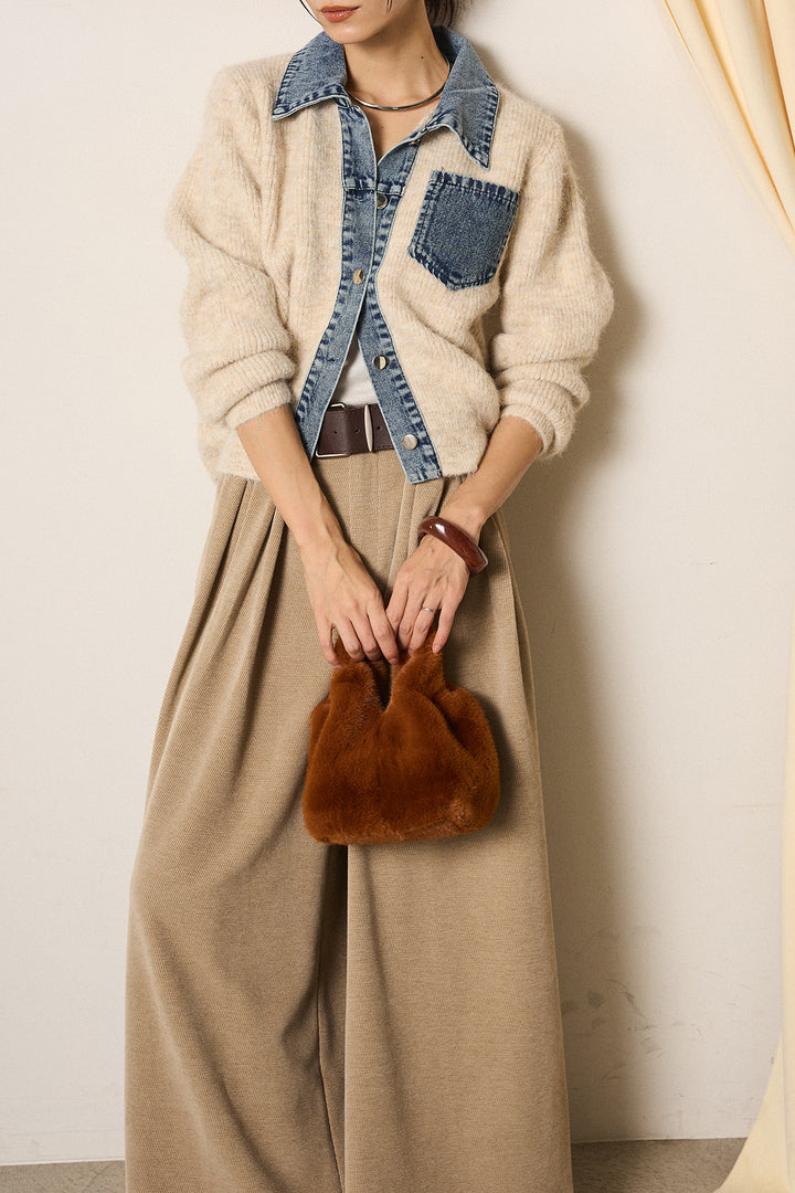 [SET]襟付きデニム切替ニットカーディガン+ベルトループコーデュロイワイドパンツ(2set)