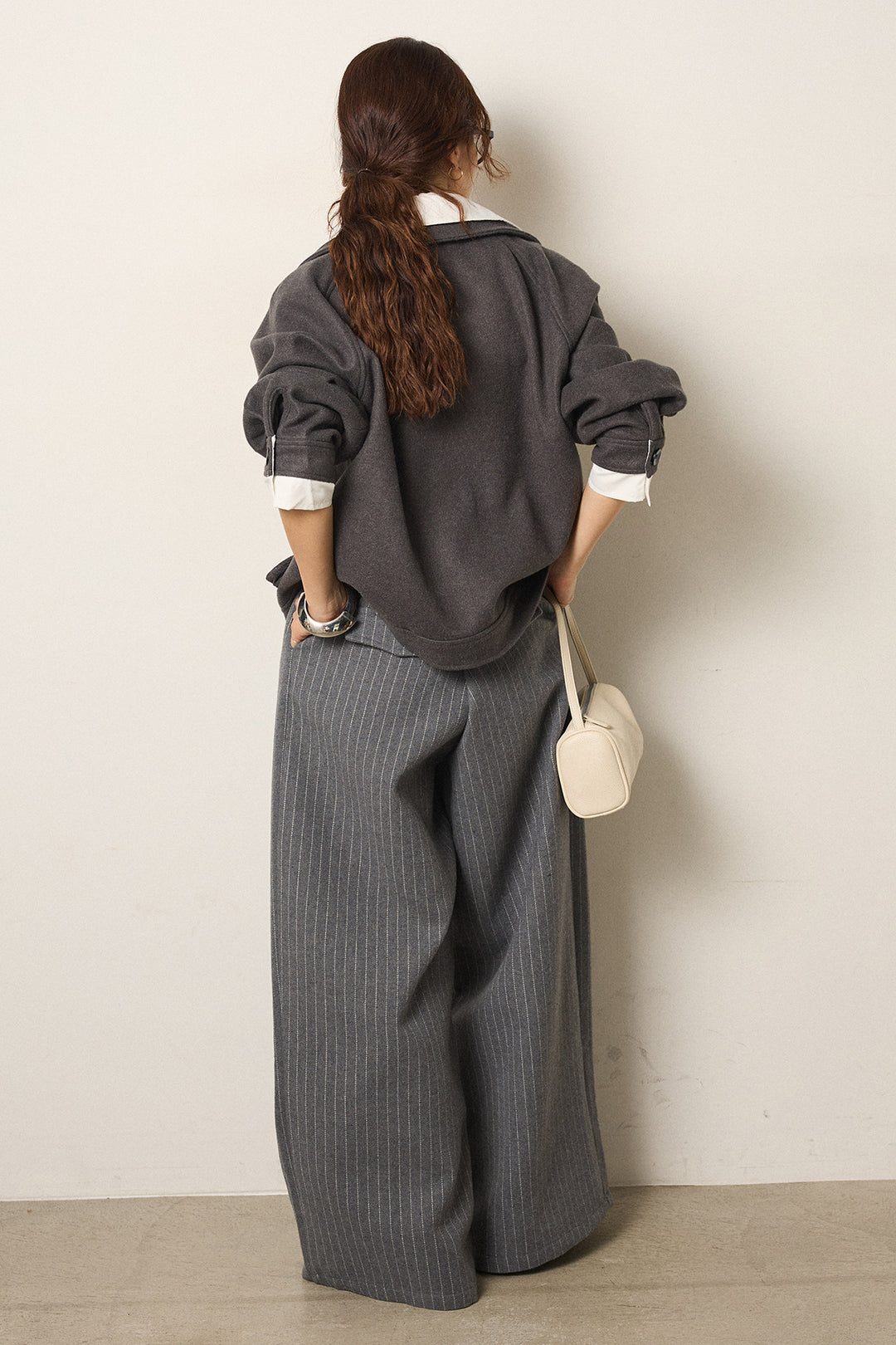 [SET]衿レイヤードフェイクウールジャケット+ウールライクストライプパンツ(2set)