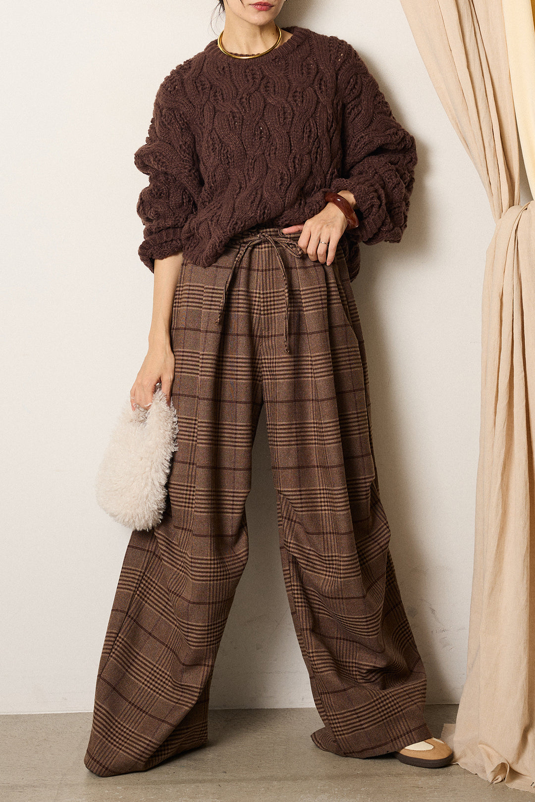 [SET]ケーブルリラックスショートニット+グレンチェックルーズタックパンツ(2set)