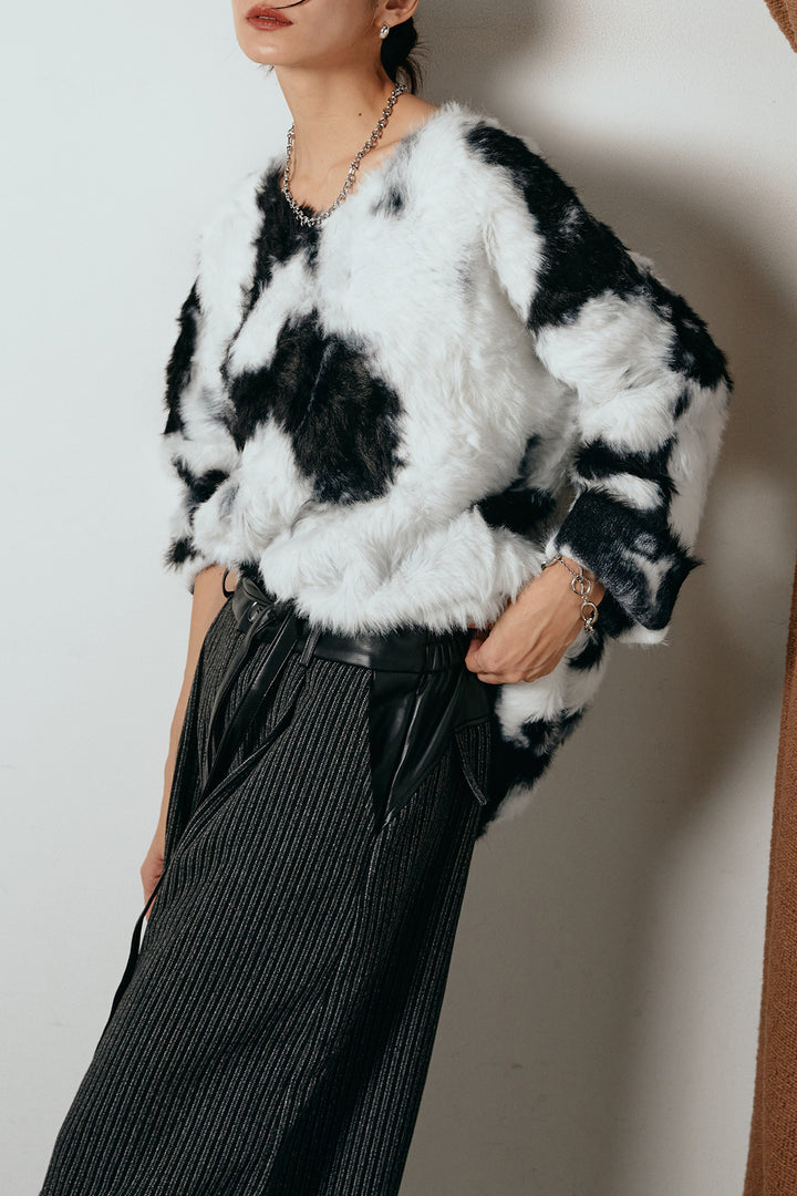 [SET]タイダイ柄シャギーニットトップス+レザーライク配色ストライプパンツ(2set)