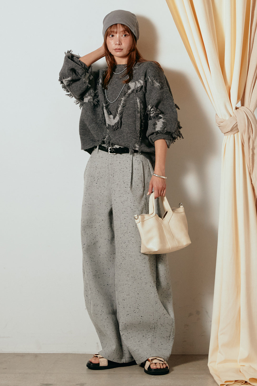 [SET]シャギージャガードニットトップス+ベルト付きネップツイードカーブパンツ(2set)