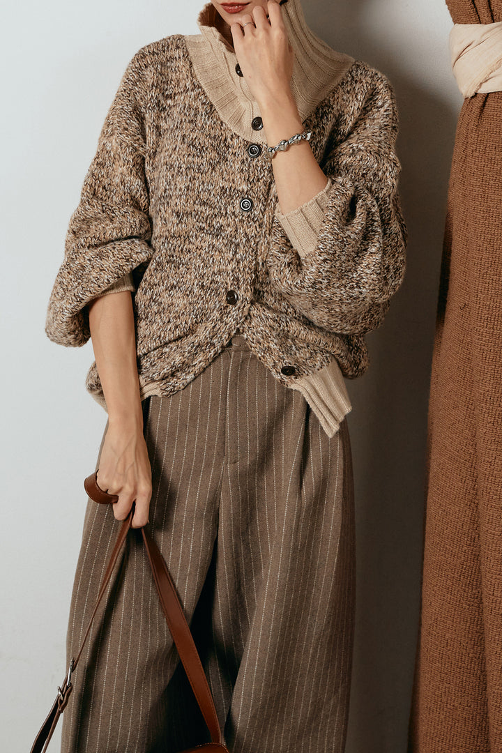 [SET]ハイネックミックスニットカーディガン+ウールライクストライプパンツ(2set)