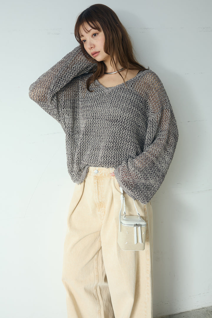 [SET]メッシュ編みビスチェセットVネックプルオーバー+カラーデニムタックカーブパンツ(2set)